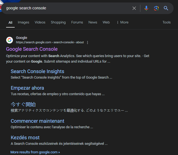 Google Search results for google search Console